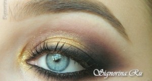 Вечерний макияж для голубых глаз с золотисто-коричневыми тенями: урок с фото